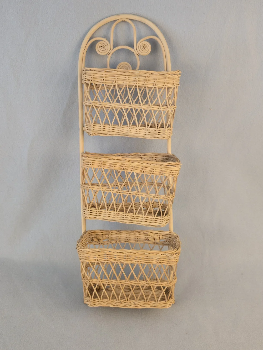 Vintage Interpur Woven Rattan 3 Tier Wall Hanging Mail Sorter Basket